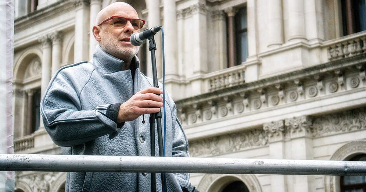 Brian Eno at a Stop the War protest in London, 2015
